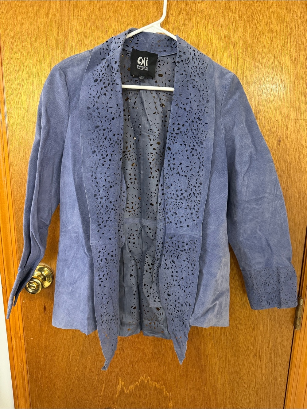 Women's Perforated Suede Open-Front Leather Jacket - Blue